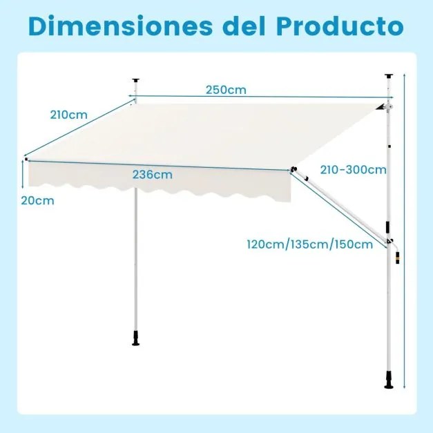Toldo retrátil manual 2,5 m x 3 m Toldo exterior com altura ajustável Manivela e sem perfuração para janela Porta Terraço Branco
