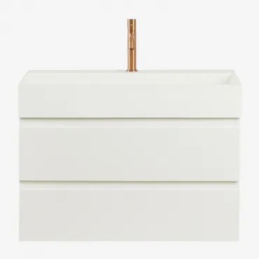 Conjunto De Móvel De Casa De Banho Suspenso Em Madeira E Folha De Freixo Com Lavatório Integrado Ona Branco & Sem Espelho & - Sklum