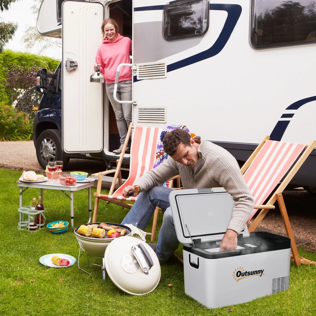 Outsunny Geleira Elétrica de Compressor 25L Portátil até -20℃ com Luz LED e Alças Dobráveis Geleira de Carro 12V/24V e 240V para Casa Campismo Viagem 58,5x33,5x35,2cm Branco