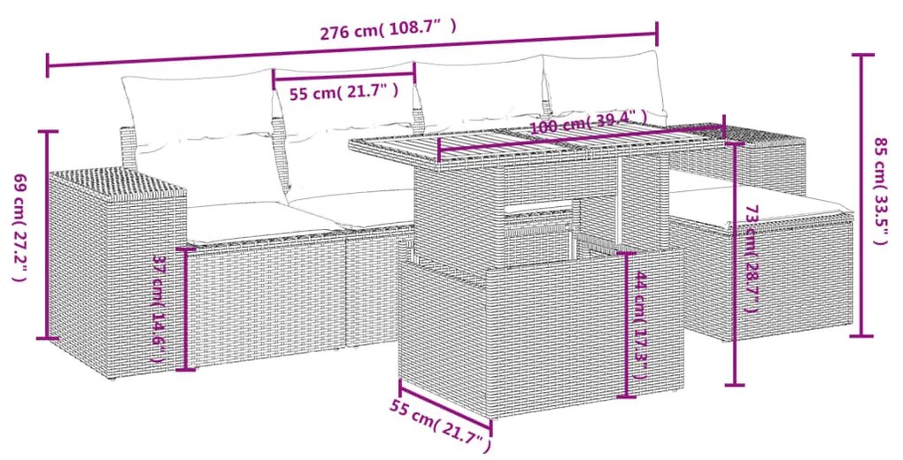 6 pcs conjunto sofás de jardim com almofadões vime cinzento