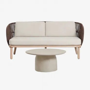 Conjunto De Sala Com Sofá De 2 Lugares Em Corda Trançada Capri E Mesa De Centro Redonda Ø75 Cm Em Cimento Layana Castanho Chocolate - Sklum