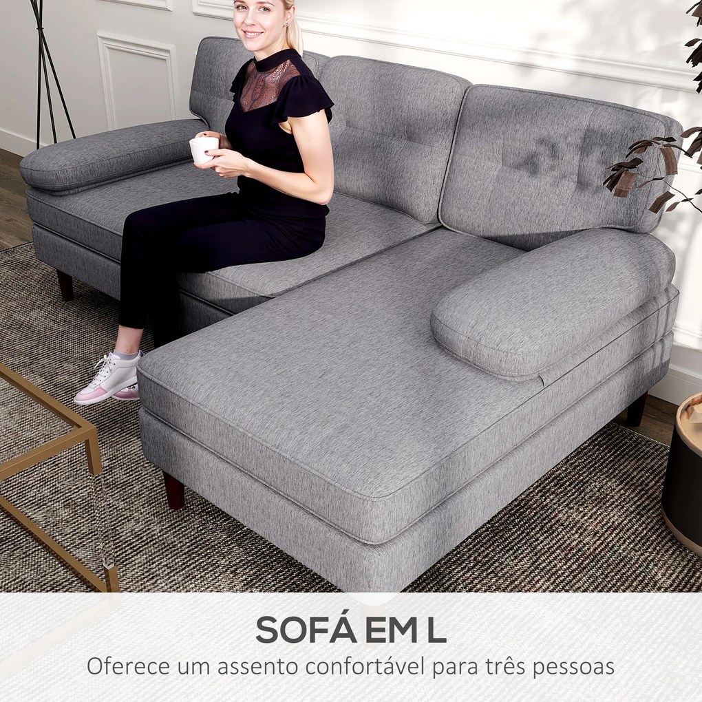 Sofá de Canto com Chaise Longue em Forma de L Estofado em Poliéster para Sala Capacidade 250 kg 215x142x88 cm Cinza