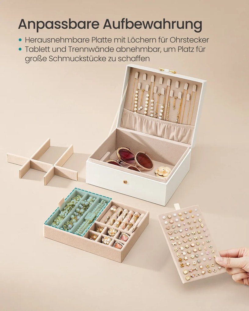 Caixa para joias com 2 níveis 17 x 20,5 x 9,5 cm Ideia para presente branco creme