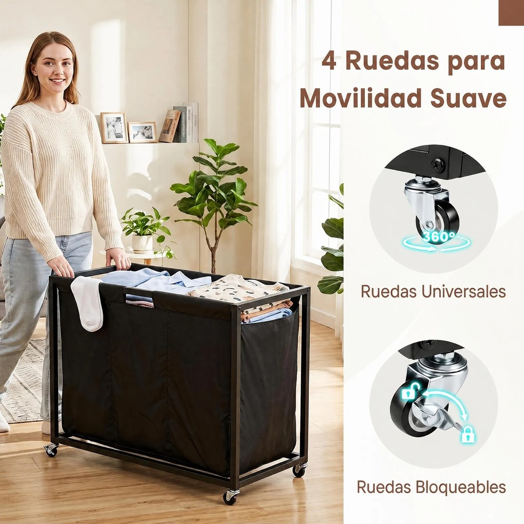 Cesto para Roupa Suja com Rodas, 80 x 32 x 77 cm, Três Compartimentos, Castanho