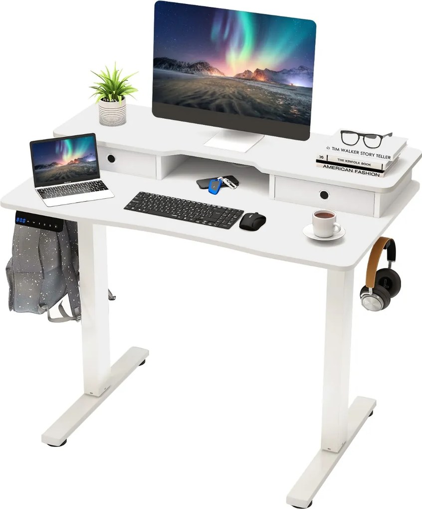 Secretária elétrica com pé 100 x 60 cm com 2 gavetas, altura ajustável e suporte para monitor Branca