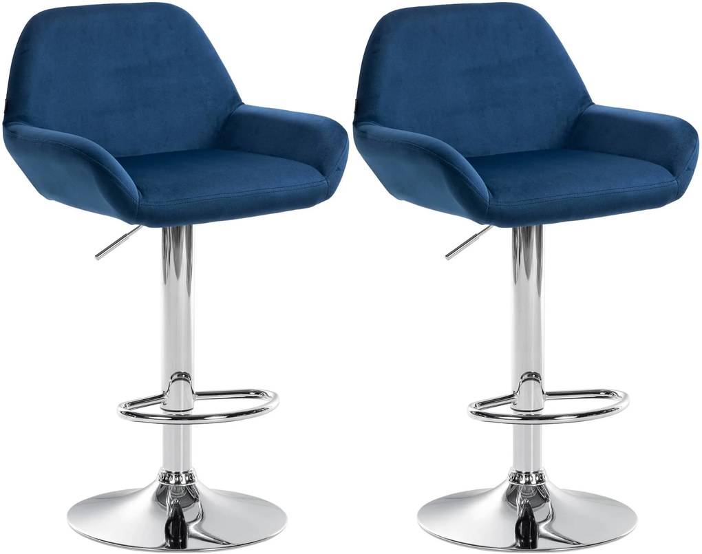 Conjunto de 2 bancos de bar em veludo com estrutura prateada 89-109 x 51 x 52 cm azul