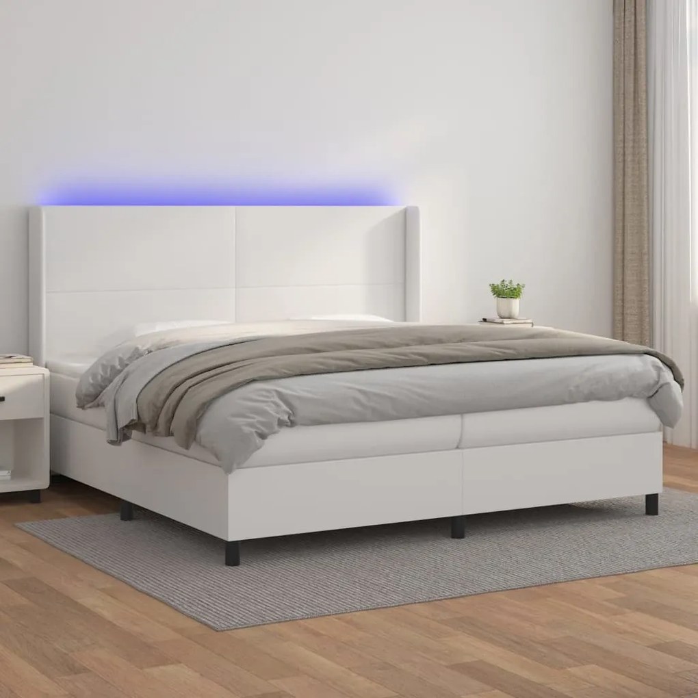 vidaXL Cama box spring c/colchão/LED 200x200cm couro artificial branco