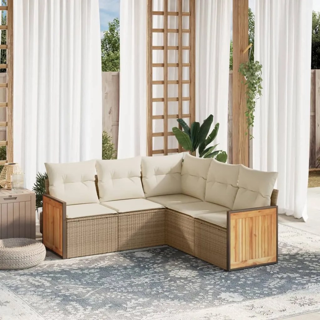 5 pcs conjunto de sofás p/ jardim com almofadões vime PE bege