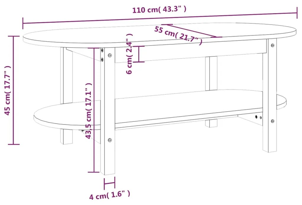 Mesa de centro 110x55x45 cm pinho maciço castanho mel