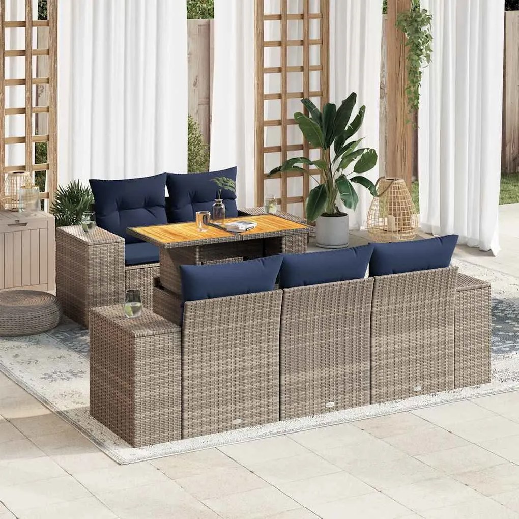 6 pcs conjunto sofás de jardim com almofadões vime cinzento