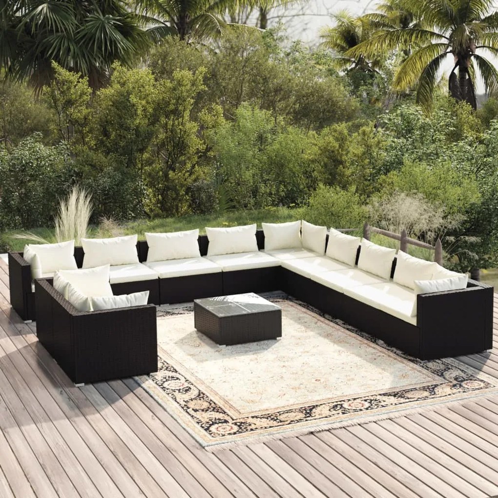 vidaXL 12 pcs conjunto lounge de jardim c/ almofadões vime PE preto