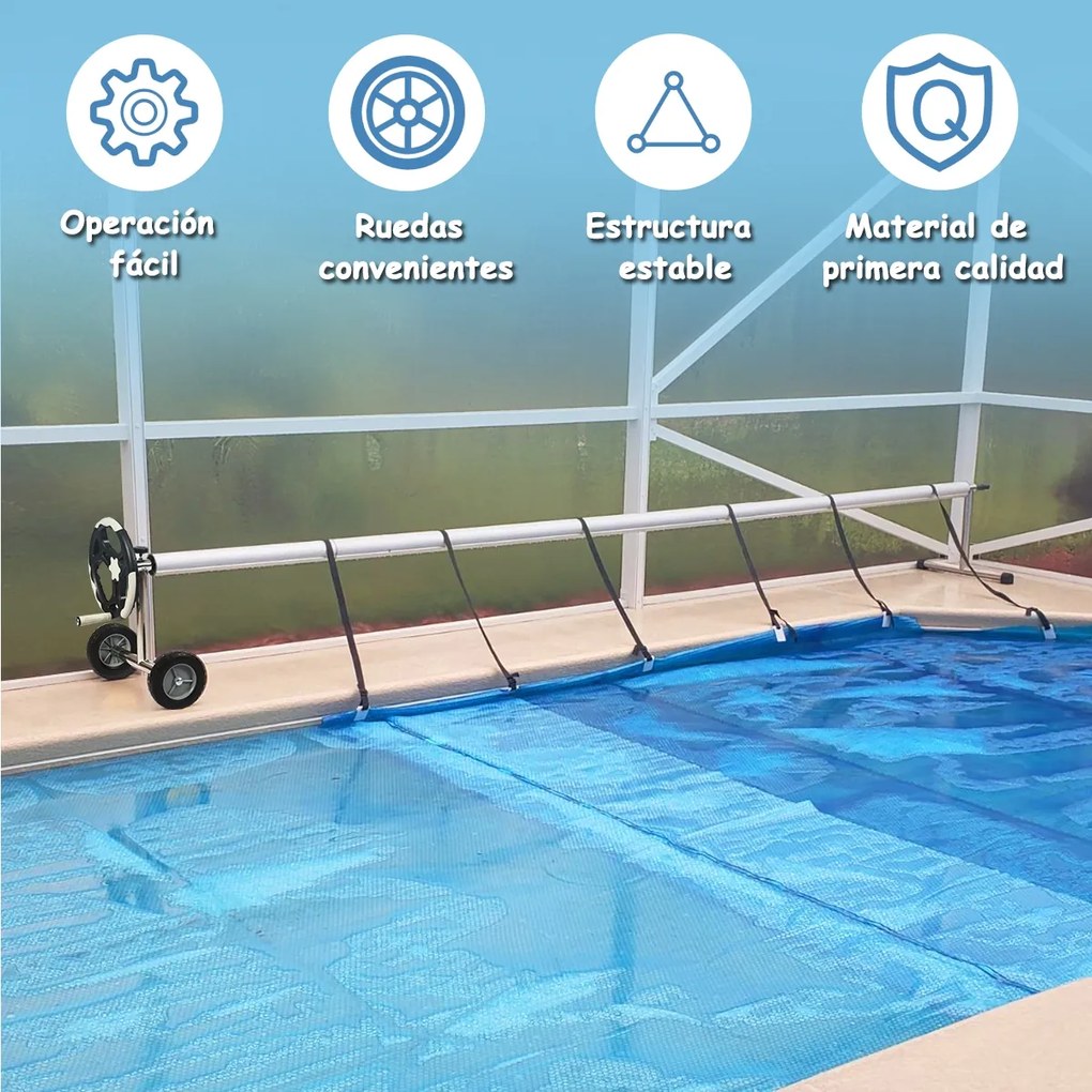 Conjunto de rolo para coberturas de piscinas (COBERTURA NÃO INCLUIDA) em alumínio com manivela e rodas 4,8 - 6,4 m Prateado