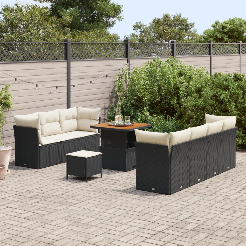 Conjunto de Sofá de Jardim vidaXL de 10 Peças com Almofadas Preto Poli