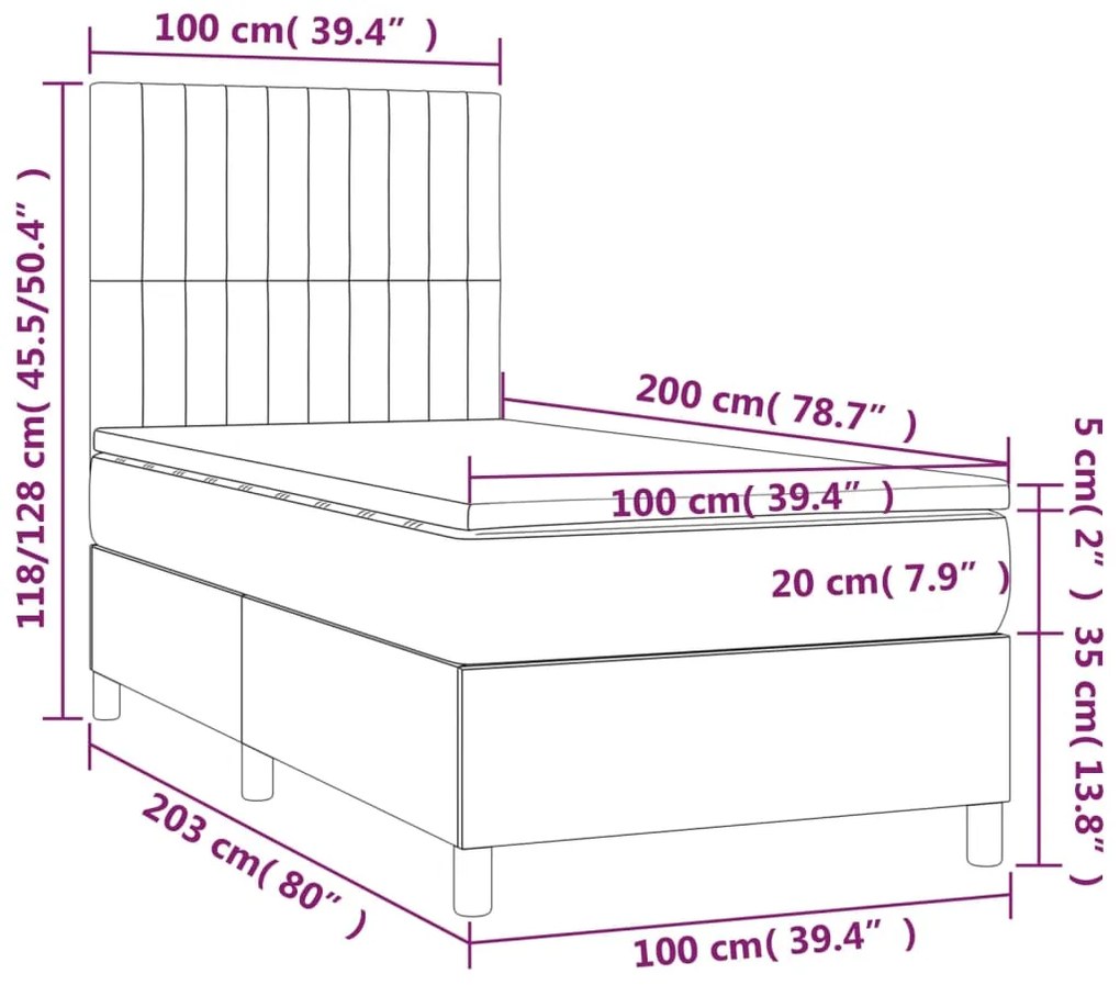 Cama box spring c/ colchão/LED 100x200 cm veludo azul-escuro