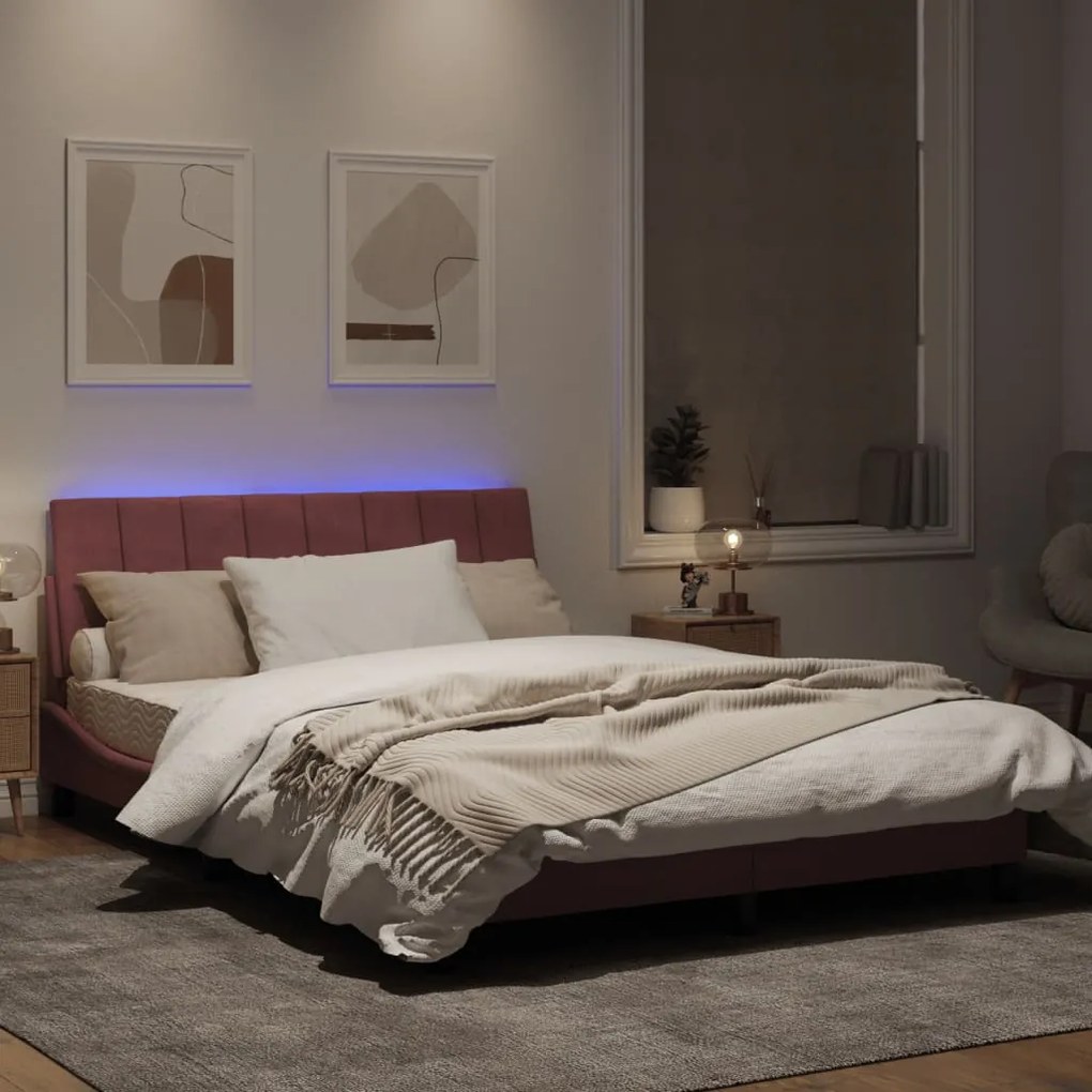 Estrutura de cama c/ luzes LED 140x200 cm veludo rosa