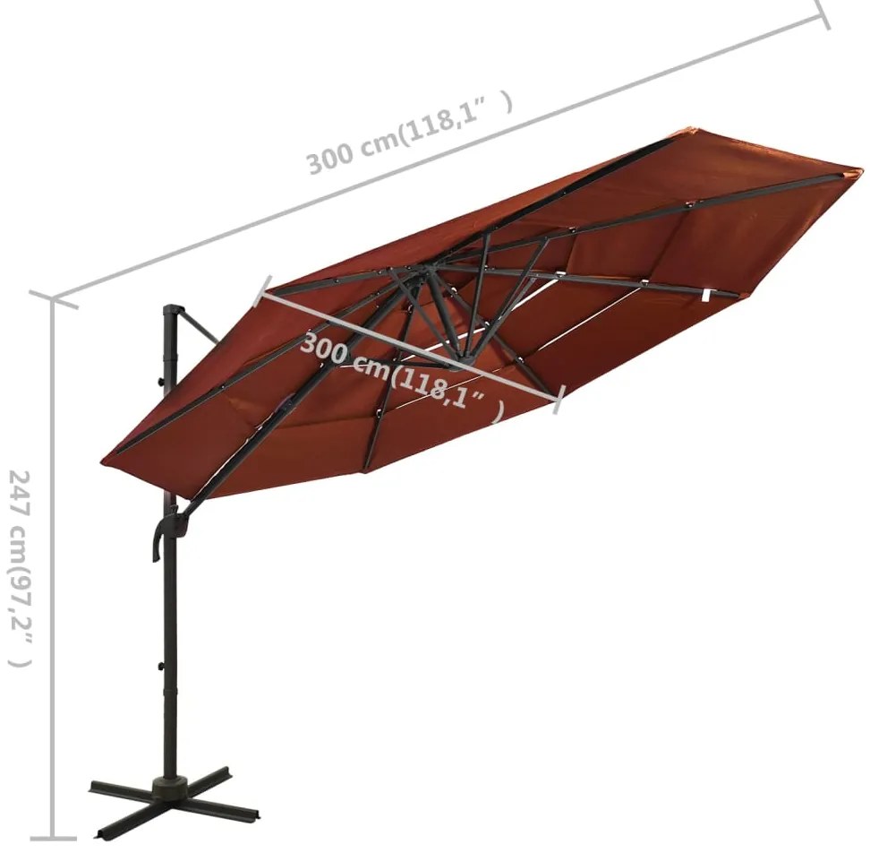 Guarda-sol jardim 4 camadas c/ poste alumínio 3x3m terracotta