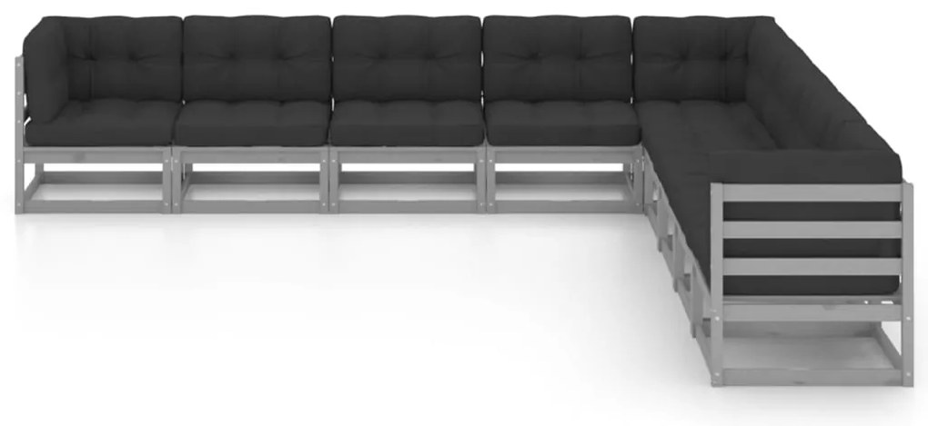 9pcs conjunto lounge de jardim c/ almofadões pinho maciço cinza