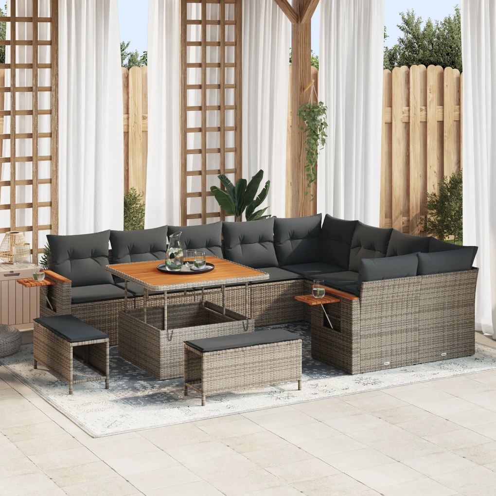 Conjunto de Sofá de Jardim vidaXL 12 Peças com Almofadas Cinza Rattan Poliéster Acácia