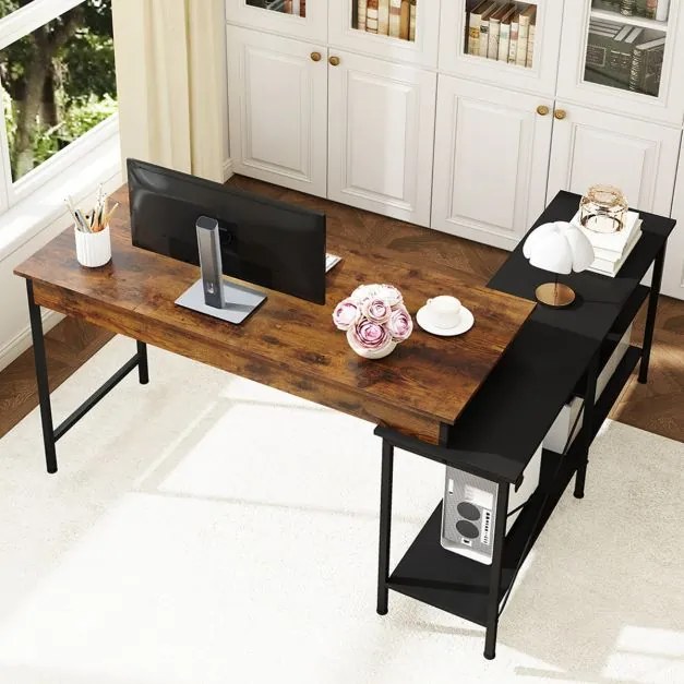Secretária reversível 135 x 120 x 74,5 cm em forma de L de canto para computador e jogos com 2 prateleiras de armazenamento Castanho rústico + preto