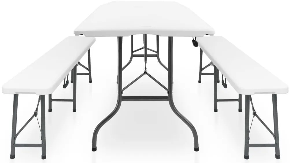 Mesa de jardim dobrável com 2 bancos 180 cm aço e PEAD branco