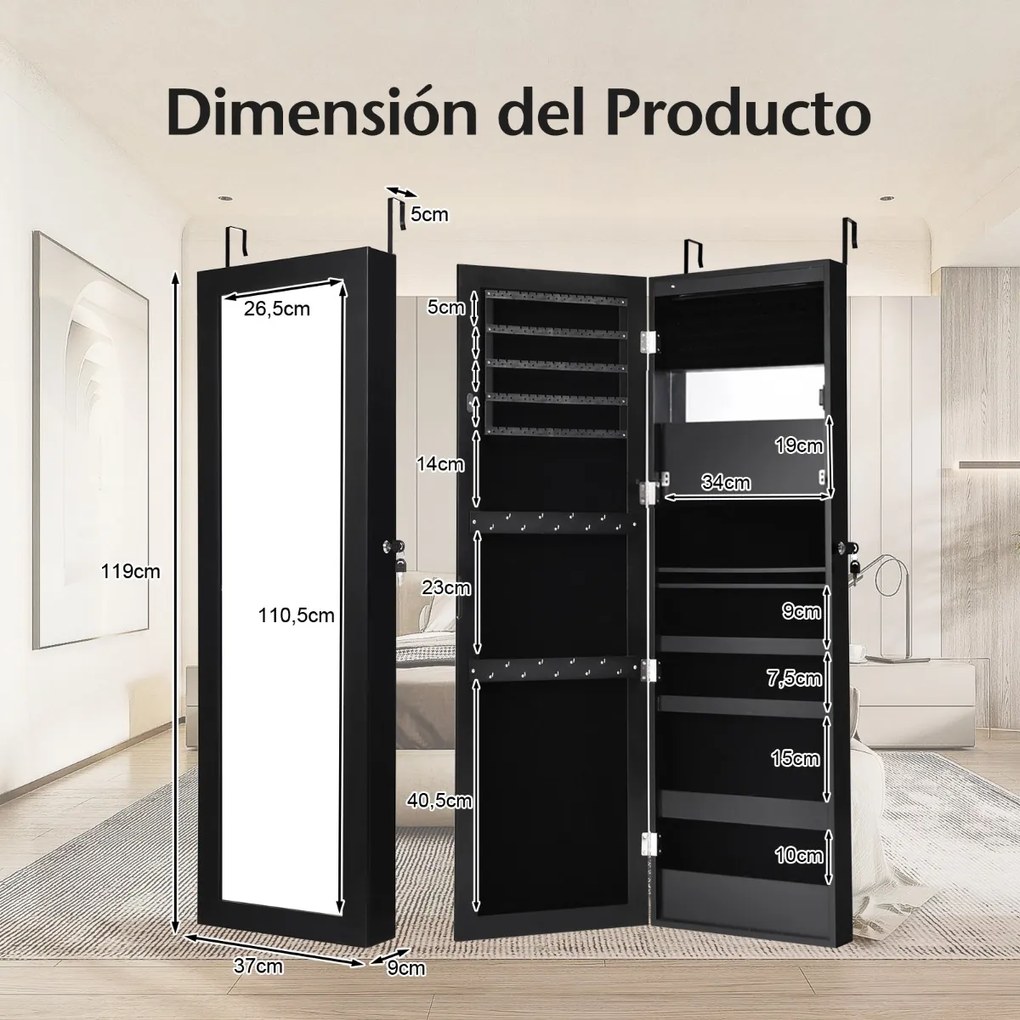 Espelho de jóias 12 LEDs Armario de parede Organizador de jóias Caixa de jóias 37 x 8,5 x 120 cm Preto