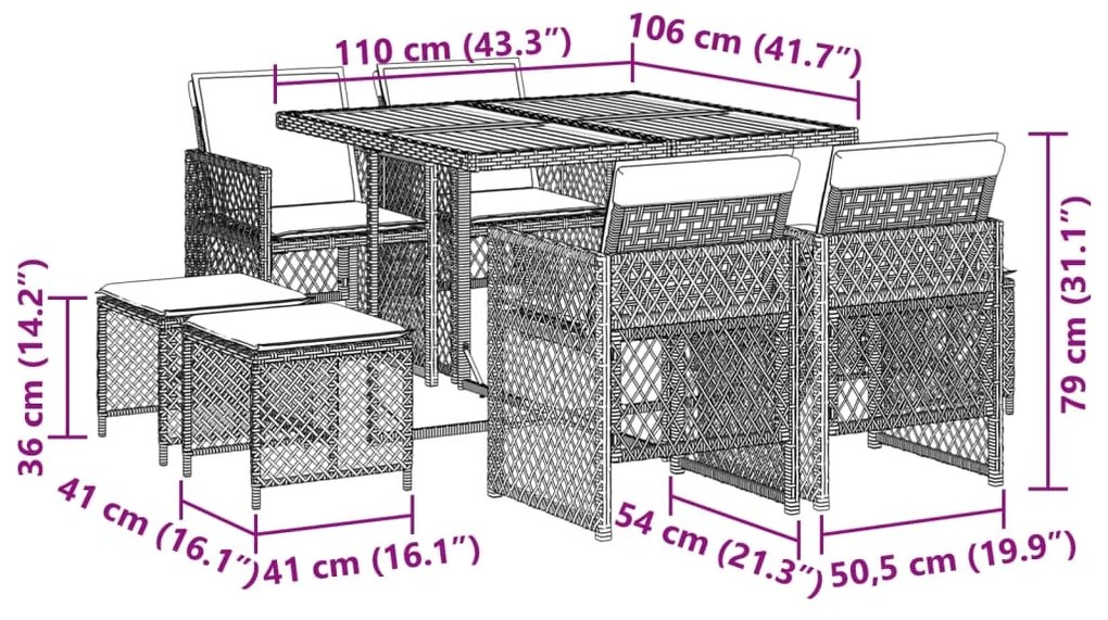 9 pcs conjunto de jantar p/ jardim c/ almofadões vime PE cinza