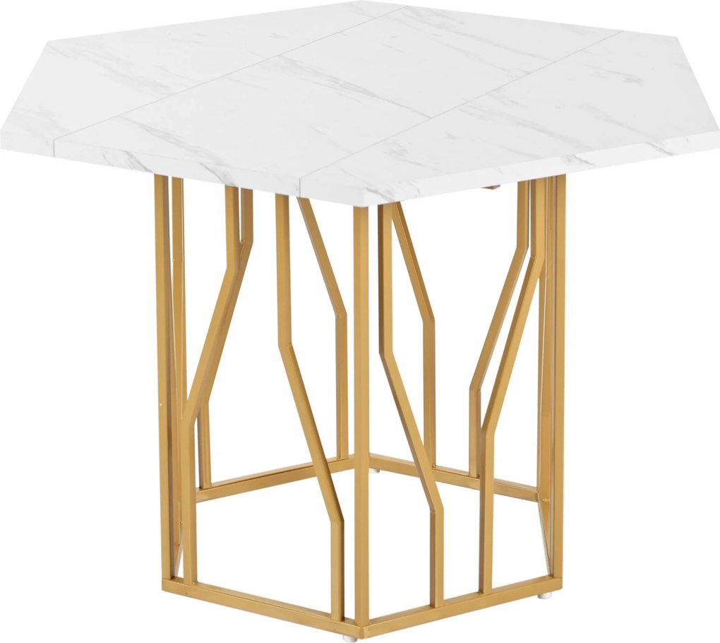 Mesa de jantar hexagonal moderna, com pés metálicos dourados, 115,5x100x75 cm, Branco+Ouro
