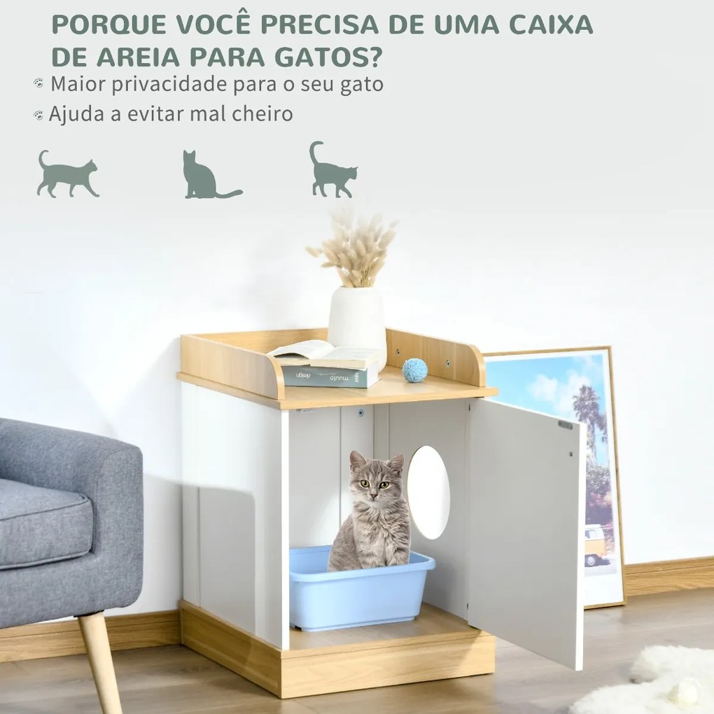 Casa para Gatos de Madeira Móvel Caixa de Areia para Gatos 2 em 1 com Bancada de Armazenamento Porta e Orifício de Entrada Lateral 48,5x53x67cm Branco