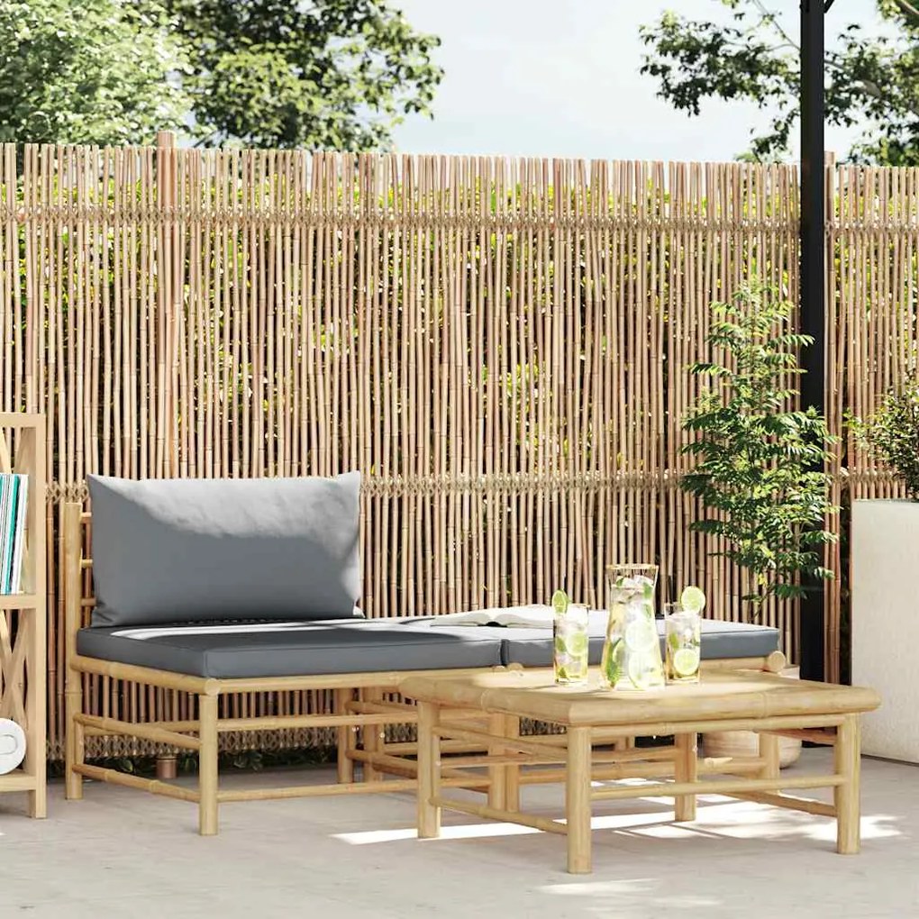 vidaXL 3 pcs conj. lounge jardim em bambu c/ almofadões cinza-escuro