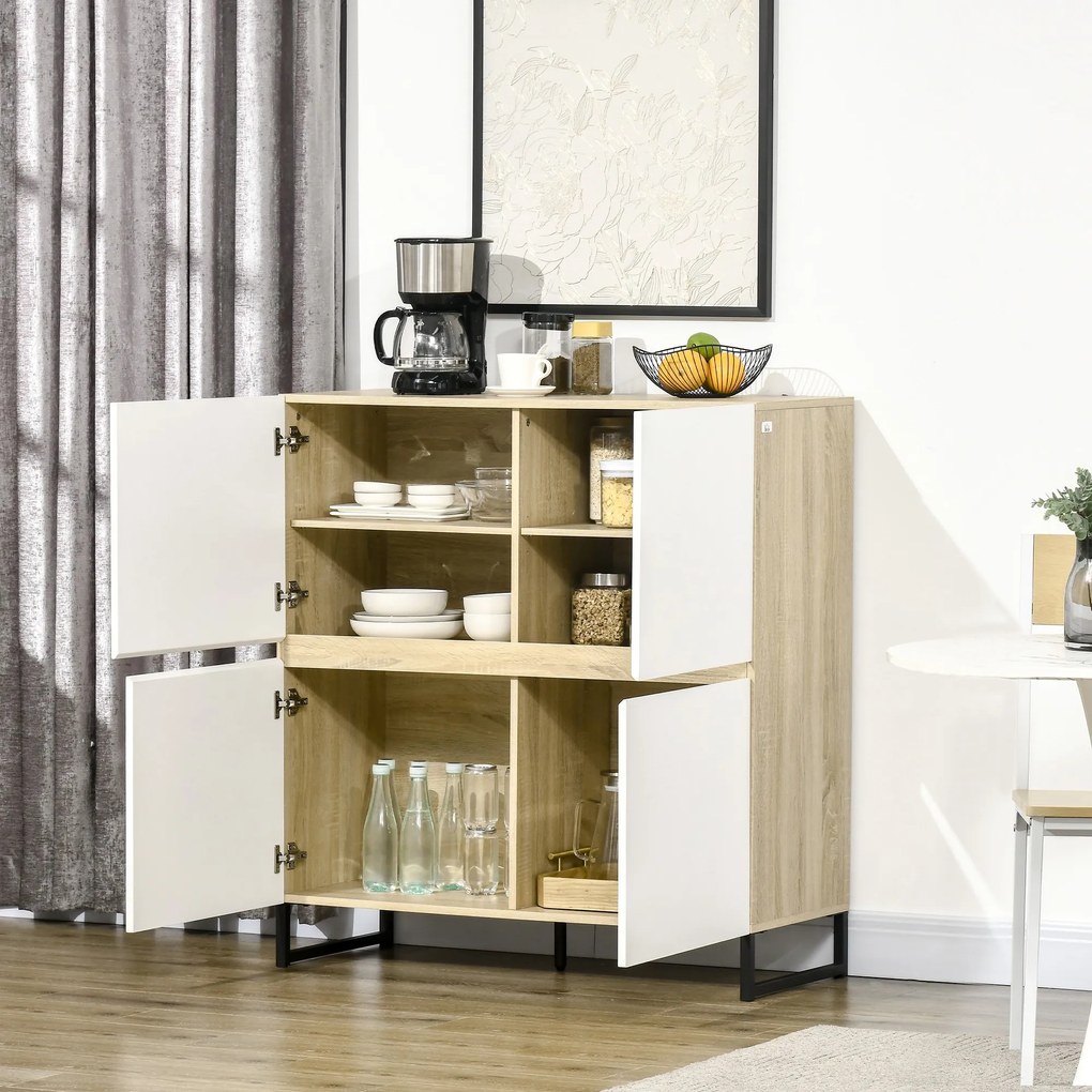 HOMCOM Aparador de Cozinha Moderno com 4 Compartimentos e Prateleiras Ajustáveis Móvel Auxiliar de Armazenamento para Sala de Jantar Sala de Estar 100x41,5x107cm Branco e Carvalho