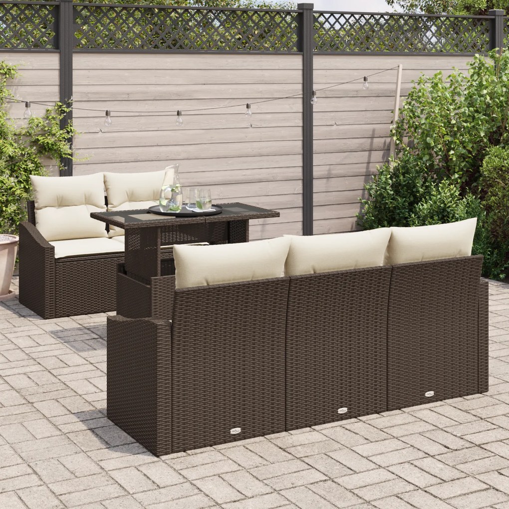 Conjunto de Sofá de Jardim 6 Peças com Almofadas Castanho em Rattan Po