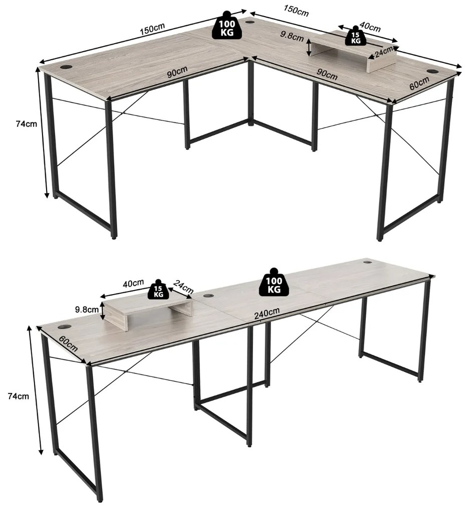 Mesa de computador em forma de L Mesa de canto reversível com orifícios para cabos para escritório em casa 150 x 150 x 150 x 74 cm Cinzento