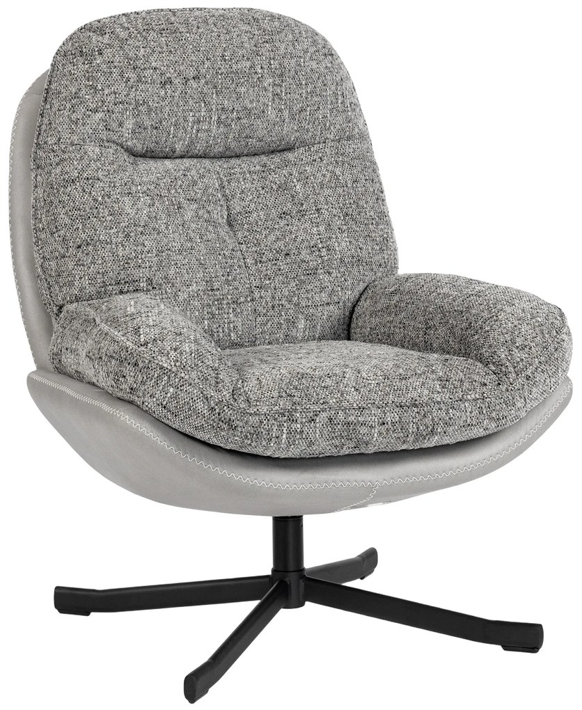 Poltrona Giratória Moderna com Base Cruzada Estofada em Chenille e Couro PU Assento Largo Duplo Pernas de Aço 78x95x99 cm Cinza