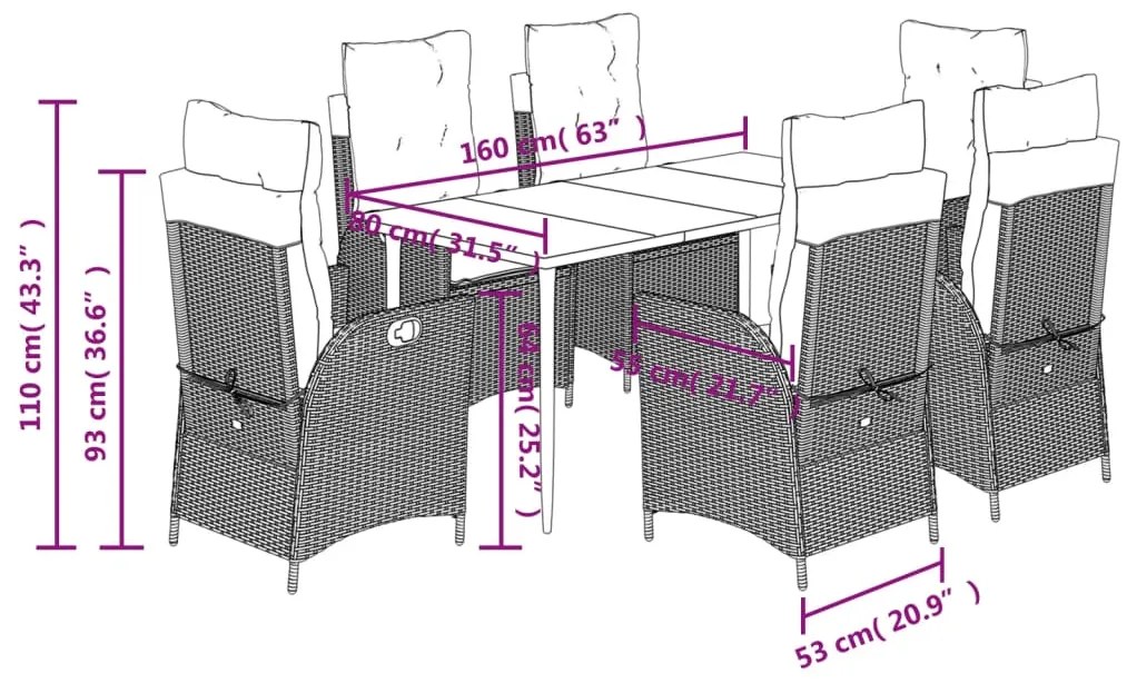7 pcs conj. jantar p/ jardim c/ almofadões vime PE cinza-claro