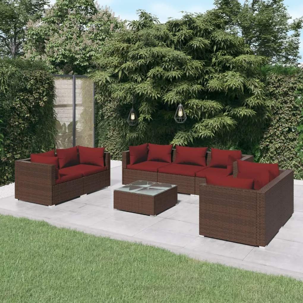 vidaXL 8 pcs conjunto lounge jardim c/ almofadões vime PE castanho