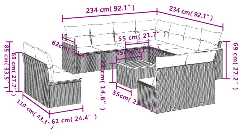 12 pcs conjunto de sofás de jardim c/ almofadões vime PE preto