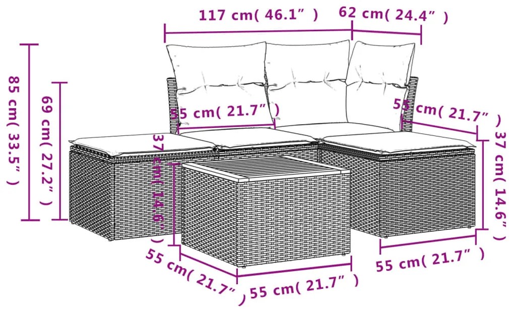 5 pcs conjunto de sofás p/ jardim com almofadões vime PE bege