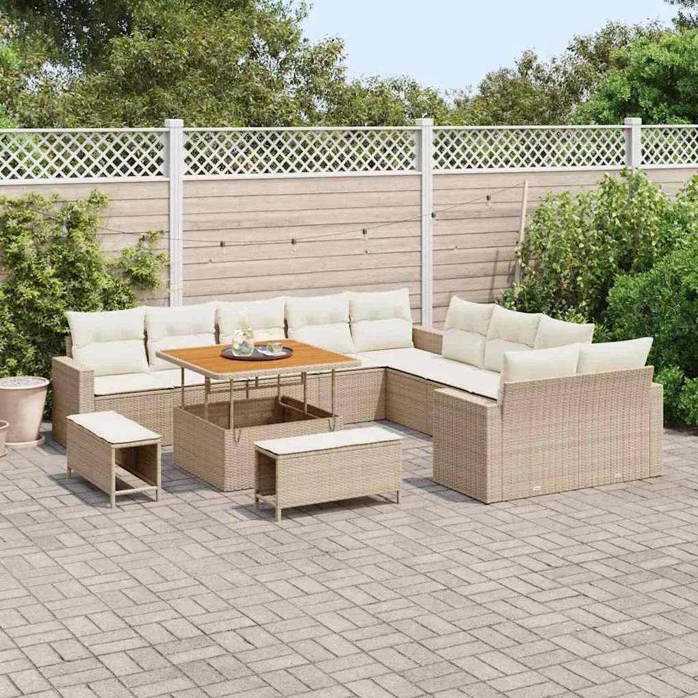 Conjunto de Sofá de Jardim com Almofadas Bege Rattan Poliuretano Acaci