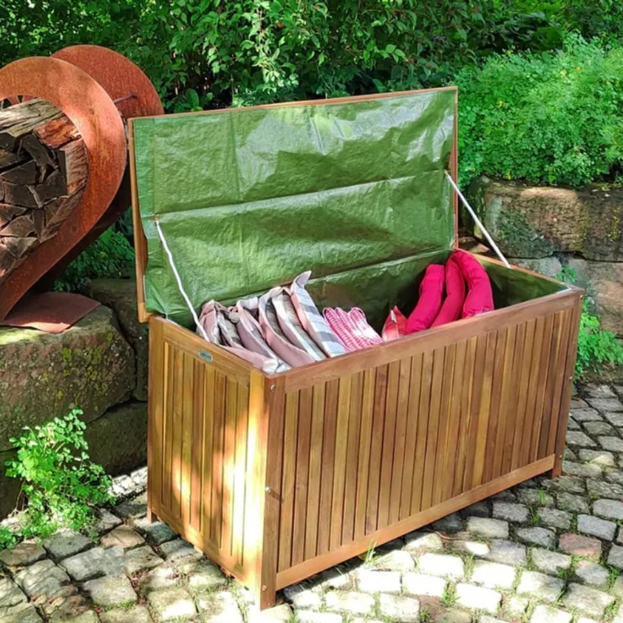Caixa com tampo e lona interior em madeira de acácia 115 x 50 x 59 cm Castanho