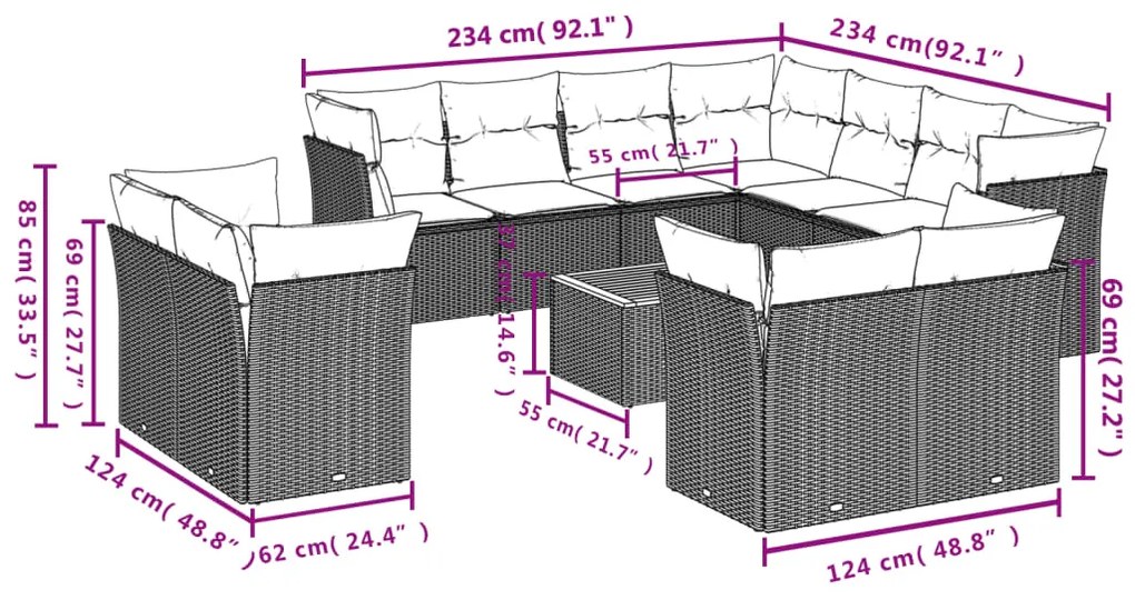 12 pcs conjunto de sofás jardim c/ almofadões vime PE cinzento
