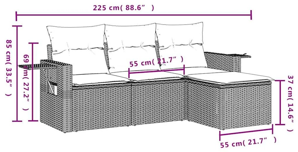 4 pcs conjunto sofás de jardim c/ almofadões vime PE cinzento