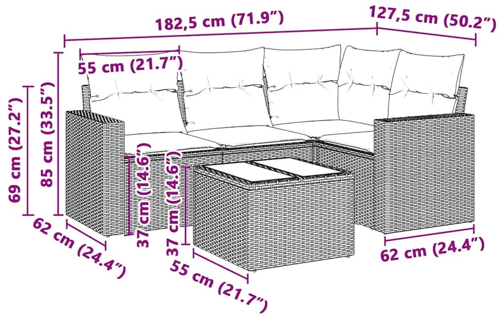 5 pcs conj. sofás jardim c/ almofadões vime PE cinzento-claro