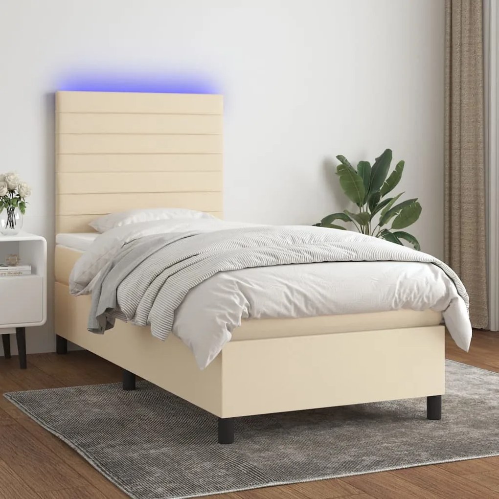 Cama box spring c/ colchão e LED 90x200 cm tecido cor creme