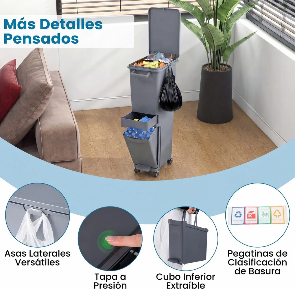 Caixote do lixo multifuncional 36 x 25 x 84 cm com pedal, base inclinável, gaveta com 2 compartimentos e autocolantes de classificação para cozinha e