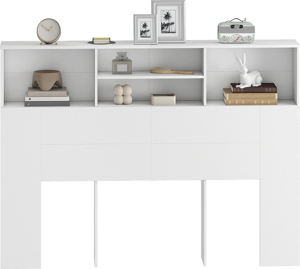 Cabeceira de cama 140 x 19 x 103,5 cm com pés e espaço de arrumação, acessório de cama com 4 compartimentos abertos, branca