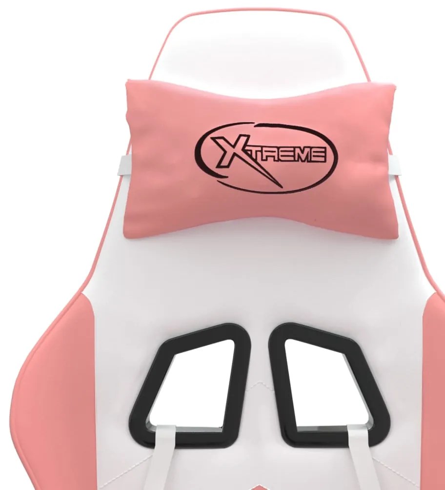 Cadeira gaming giratória c/ apoio pés couro artif. branco/rosa