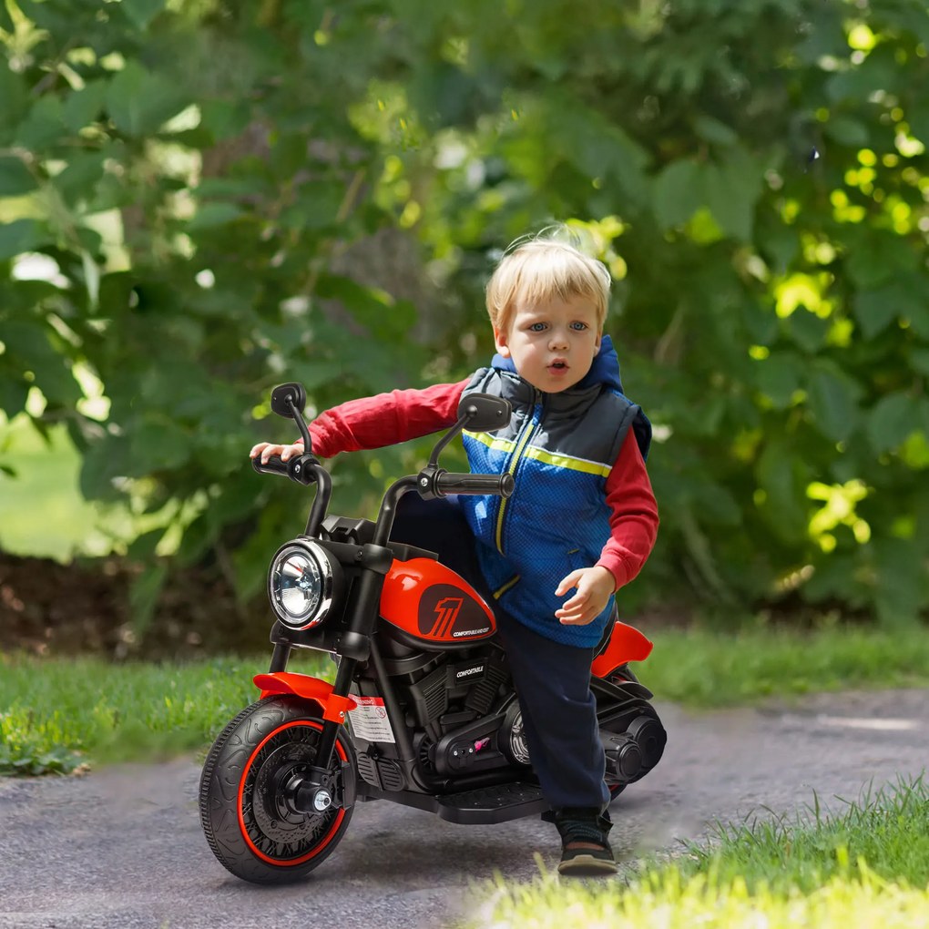 Moto elétrica para crianças a 3 km/h, 6 V, com farol LED, 2 rodas de apoio, para idades entre os 18 e os 36 meses, com motor potente, vermelha
