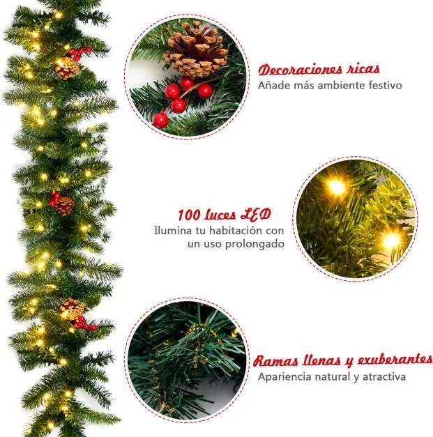 Grinalda de Natal de Pinheiro Iluminado 270 cm Artificial com 100 Luzes LED Bagas Vermelhas Pinhas Decorativas com Temporizador