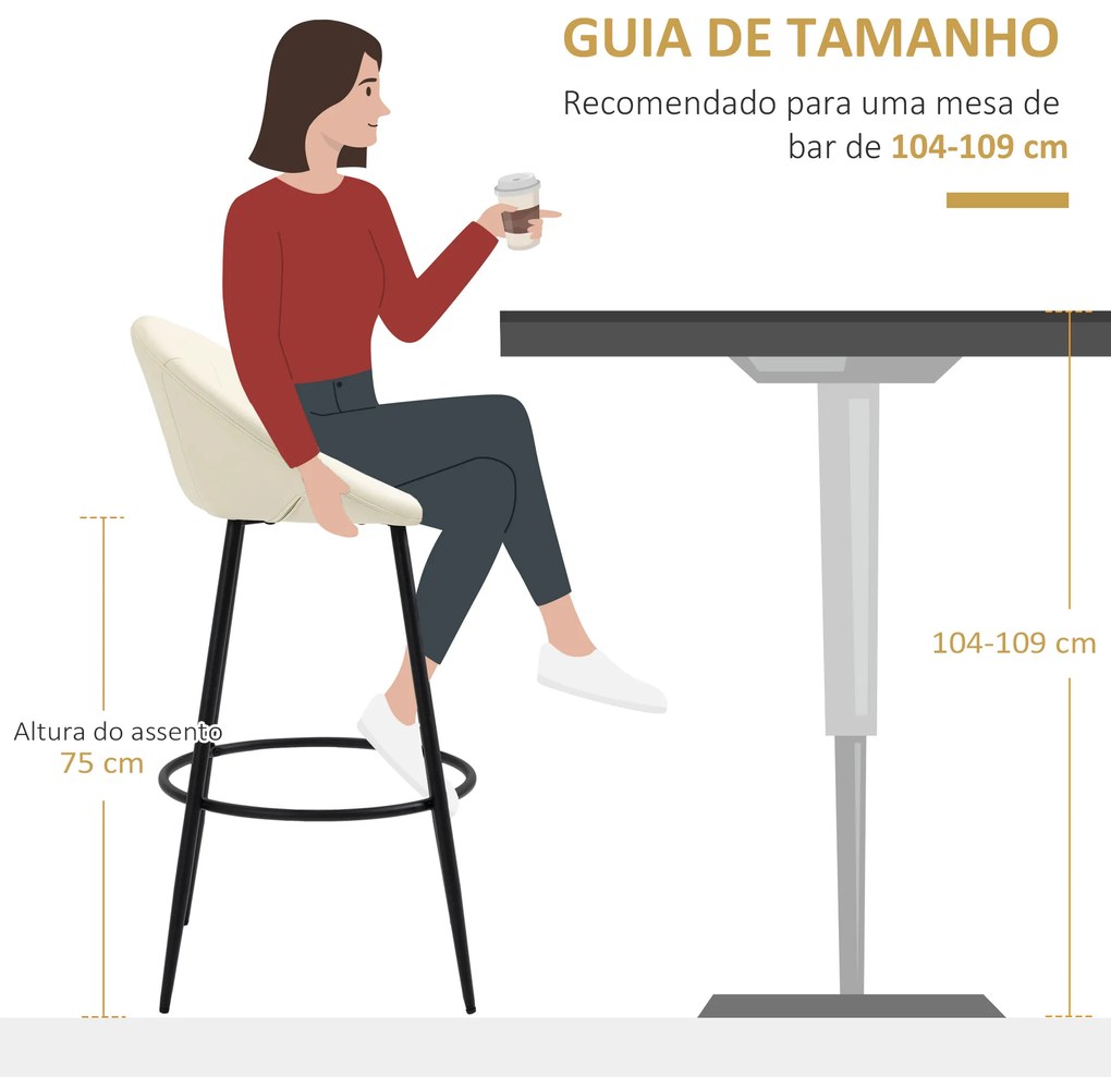 HOMCOM Conjunto de 2 Bancos Altos de Cozinha Estofados em PU Bancos de Bar com Base Antiderrapante e Apoio para os Pés Estilo Moderno Carga Máxima 120kg 54x48,5x96cm Creme