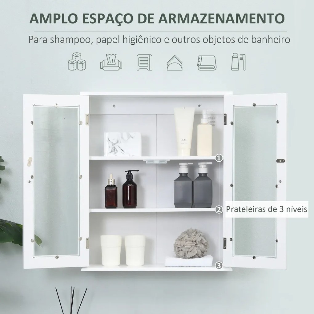 Kleanklin Armário Casa de Banho de Parede com 2 Portas de Cristal Armário Suspenso com Prateleiras Ajustáveis em Altura Multiuso para Cozinhas Sala de